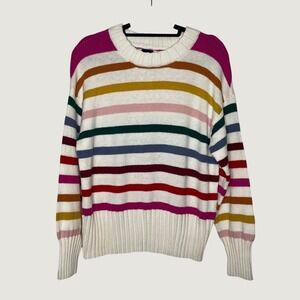 Gap Sweater Womens Large White Rainbow Striped‎ Crewneck Cotton Blend Pullover